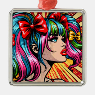 Mooie Pop Art stripfiguur met strikken Metalen Ornament