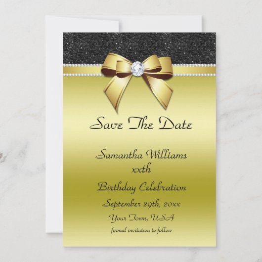 Mooie 'Posh Gold' en 'Black Jewel Birthday' Save The Date (Achterkant)