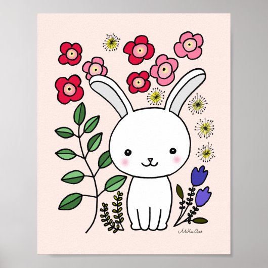 Mooie poster met konijn en bloemen voor de kinderk (Voorkant)
