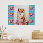 Mooie Poster met Rode Vos, Dieren en Turquoise Roz (Keuken)