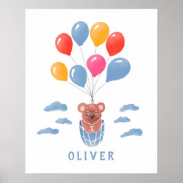 Mooie Poster met Teddybeer en Blauwe Ballonnen voo