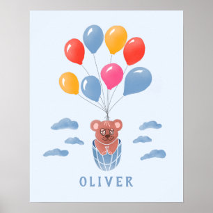 Mooie Poster met Teddybeer en Blauwe Ballonnen voo