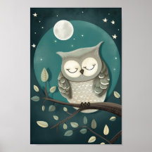 Mooie poster van een uil slapend onder de Maan en