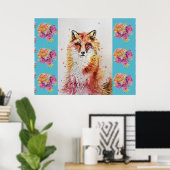 Mooie Poster van Rode Vos met Turquoise Roos (Thuiskantoor)