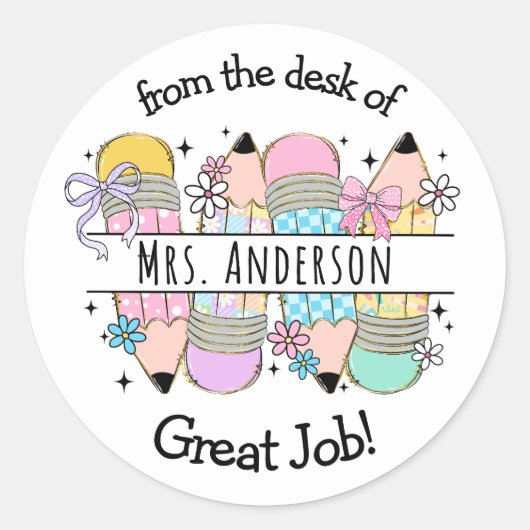 Mooie Potlood School Juf Naam Ronde Sticker (Voorkant)