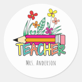 Mooie potloodsticker naam leraar ronde sticker