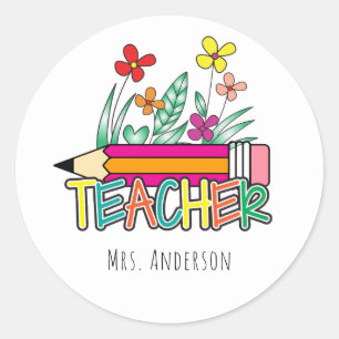 Mooie potloodsticker naam leraar ronde sticker