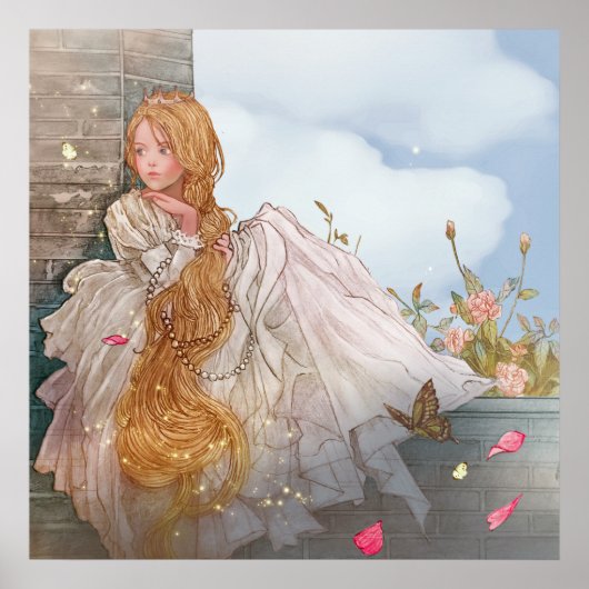  mooie prinses bij het raam van het kasteel poster (Voorkant)