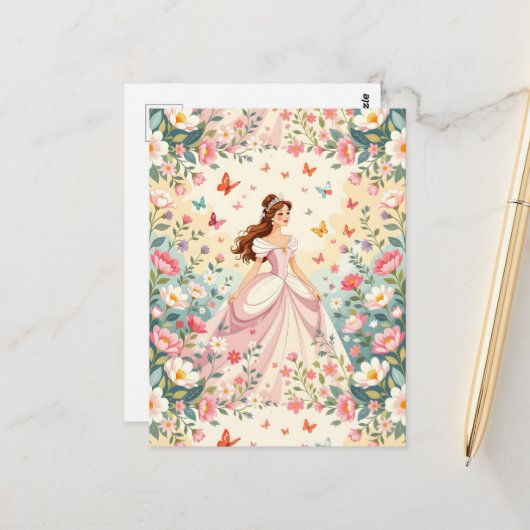 Mooie prinses met vlinders briefkaart (Voorkant / Achterkant in situ)