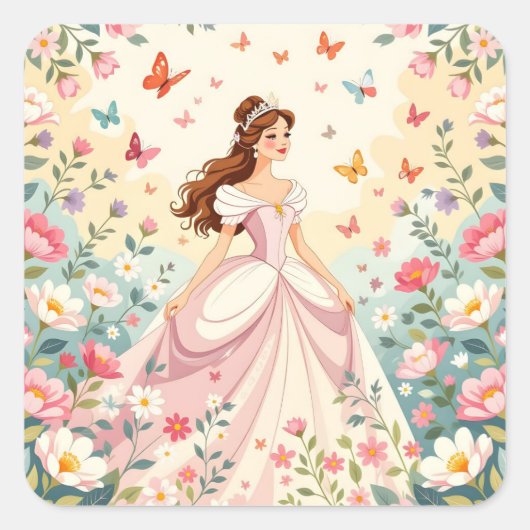 Mooie prinses met vlinders vierkante sticker (Voorkant)