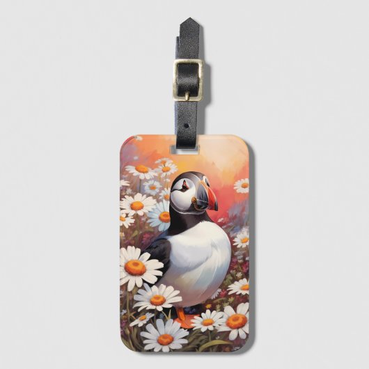 Mooie Puffin in Daisy Field Bagagelabel (Voorkant (verticaal))