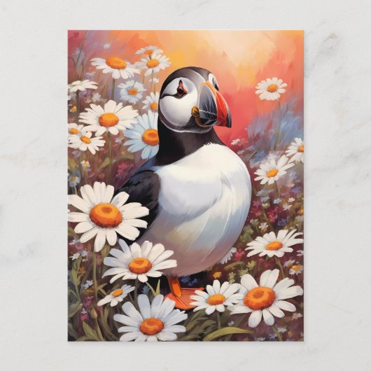 Mooie Puffin in Daisy Field Briefkaart (Voorkant)