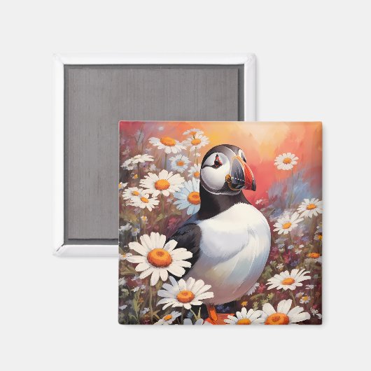 Mooie Puffin in Daisy Field Magneet (Voorkant / Achterkant)