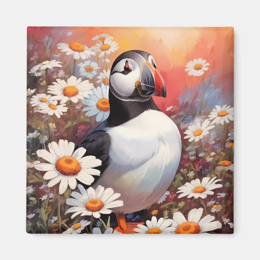Mooie Puffin in Daisy Field Magneet (Voorkant)