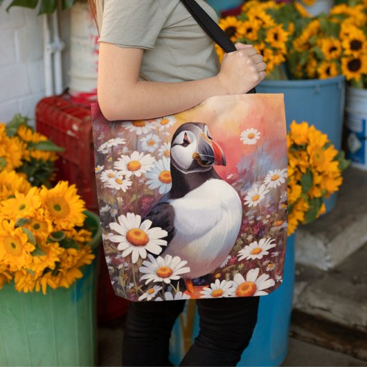 Mooie Puffin in Daisy Field Tote Bag
