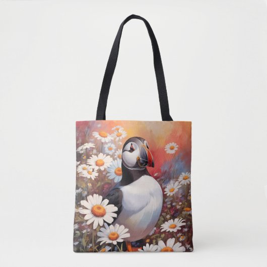 Mooie Puffin in Daisy Field Tote Bag (Voorkant)