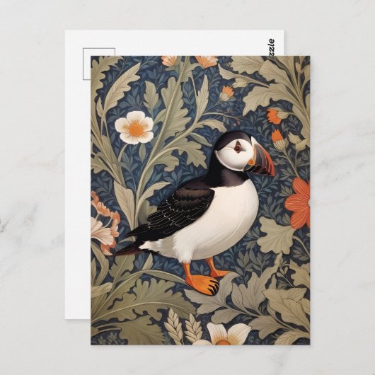 Mooie Puffin William Morris geïnspireerd Briefkaart (Voorkant / Achterkant)
