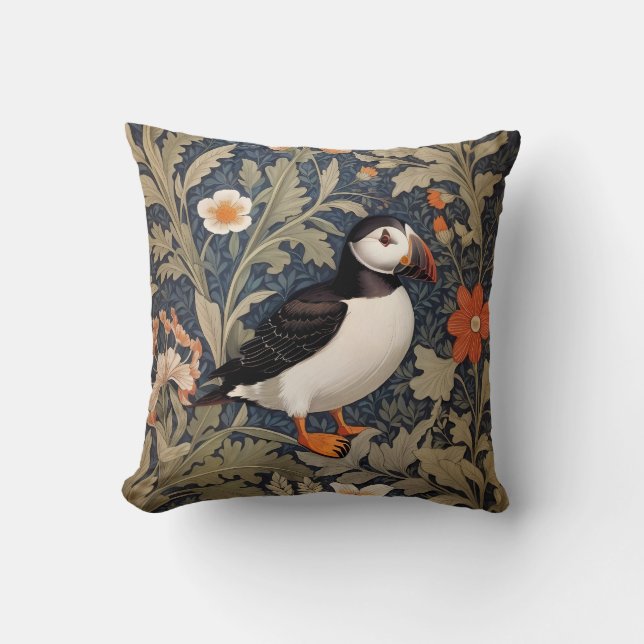 Mooie Puffin William Morris geïnspireerd Kussen (Voorkant)