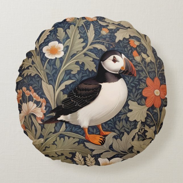 Mooie Puffin William Morris geïnspireerd Rond Kussen (Voorkant)