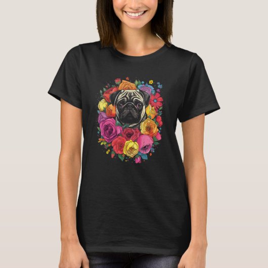 Mooie Pug Bloemboeket T-shirt (Voorkant)
