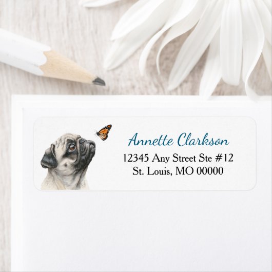 Mooie Pugs-hond Vlinder Retouradres Etiket (Insitu)