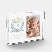 Mooie Puppy Blauwe Lint Wapenschild | Baby Jongen  Fotoblokken (Links)