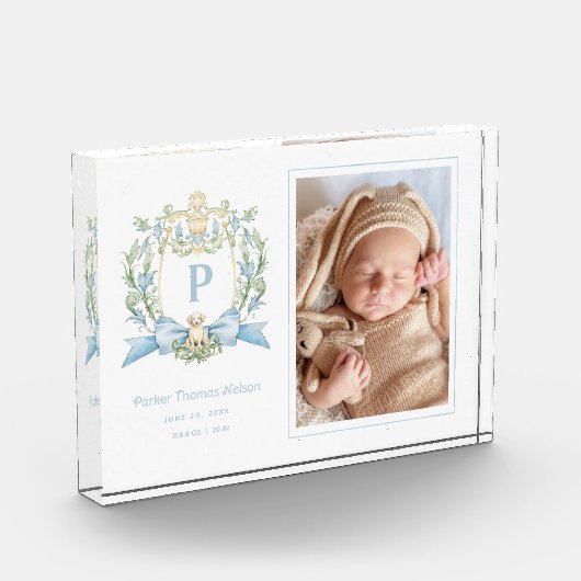 Mooie Puppy Blauwe Lint Wapenschild | Baby Jongen Fotoblokken (Links)