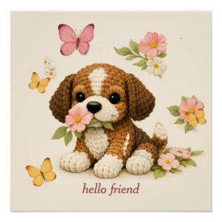 Mooie Puppy Bloem Vlinder Poster – Gehaakt Brei