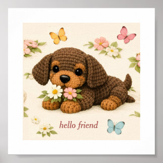 Mooie Puppy Bloem Vlinder Poster – Gehaakt Brei 