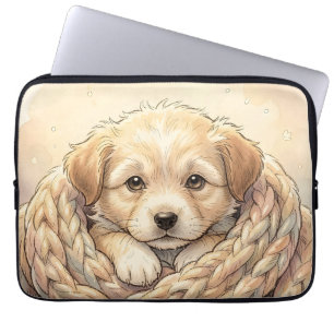 Mooie puppy gewikkeld in een gebreide deken laptop sleeve