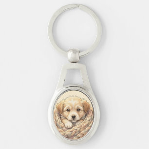 Mooie puppy gewikkeld in een gebreide deken sleutelhanger