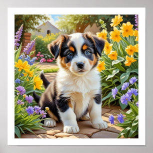 Mooie Puppy met Bloemen Poster
