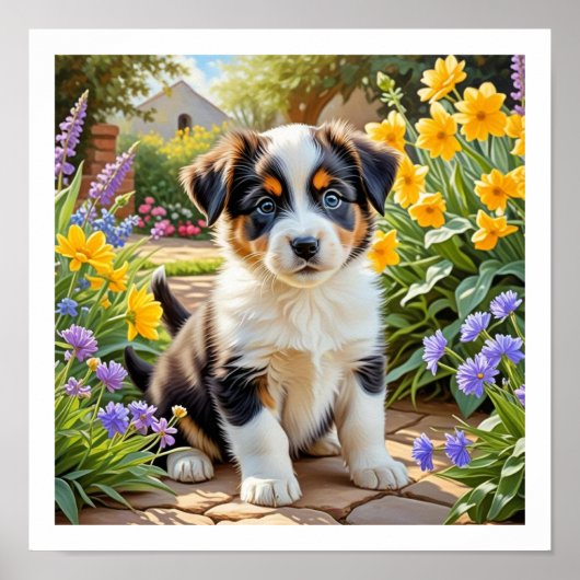 Mooie Puppy met Bloemen Poster (Voorkant)