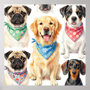 Mooie puppyportretten bandana collage aquarel poster