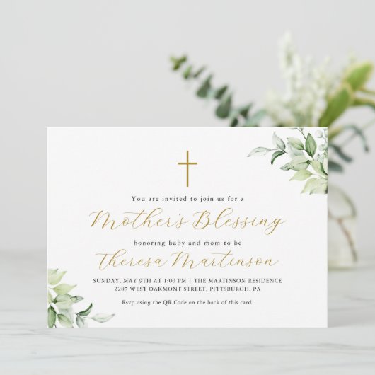 Mooie QR RSVP groen kruis zegen moeder Kaart (Staand voorkant)