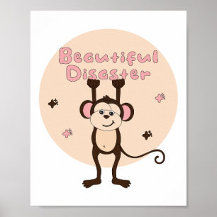 Mooie ramp Kawaii Funny Monkey Pink Brown Poster