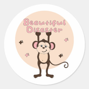 Mooie ramp Kawaii Funny Monkey Pink Brown Ronde Sticker