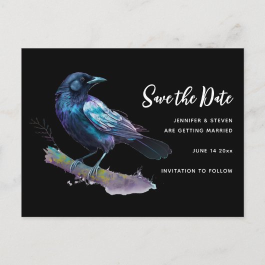 Mooie Raven op een boomtak Sla de datum op Uitnodiging Briefkaart (Voorkant)