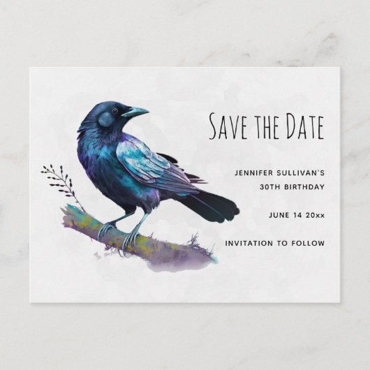 Mooie Raven op een boomtak Sla de datum op Uitnodiging Briefkaart (Voorkant)