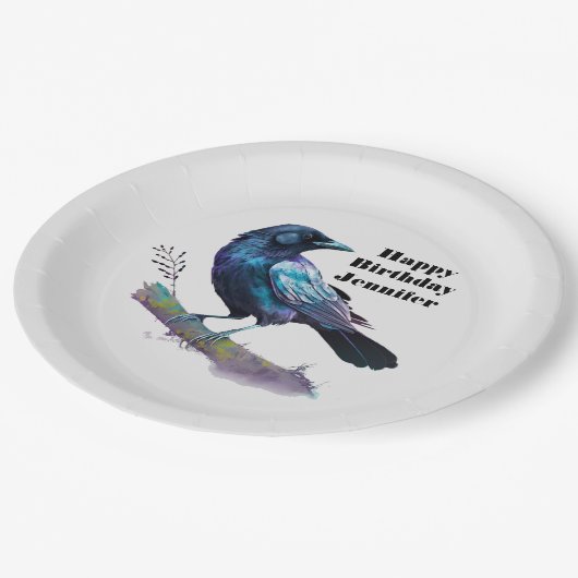 Mooie Raven op een boomtak Verjaardag Papieren Bordje (Gekanteld)