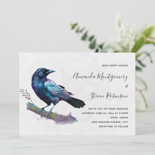 Mooie Raven op een Tree Branch bruiloft Kaart (Staand voorkant)