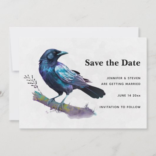 Mooie Raven zittend op een tak Save The Date (Voorkant)