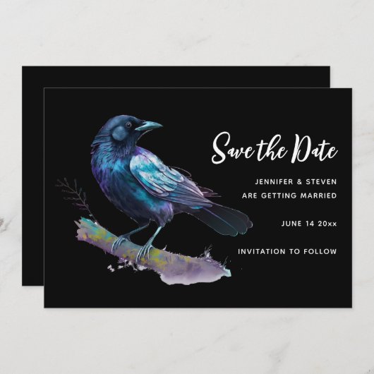 Mooie Raven zittend op een tak Save The Date (Voorkant / Achterkant)