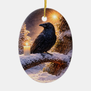 Mooie ravenkaars in de sneeuw Yule Zonnewende Keramisch Ornament