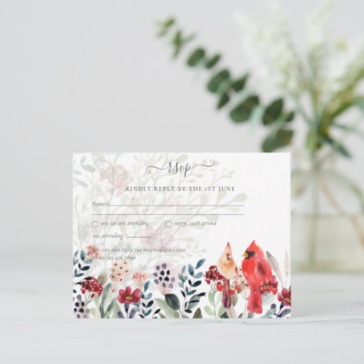 Mooie RED CARDINAL Birds Wedding Briefkaart (Staand voorkant)