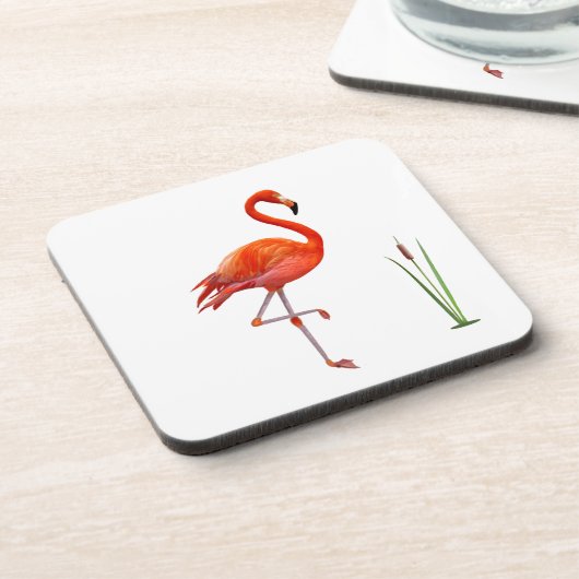 Mooie Red Flamingo Bird & Reed Plant op White Bier Onderzetter (Linkerzijde)
