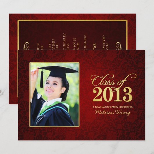 Mooie Red Floral Damask en Gold Class van 2013 Kaart (Voorkant / Achterkant)