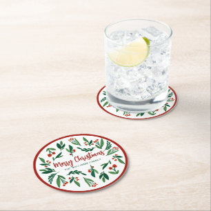 Mooie Red Green Holly Berry, aangepast kerstfeest Ronde Kartonnen Onderzetter