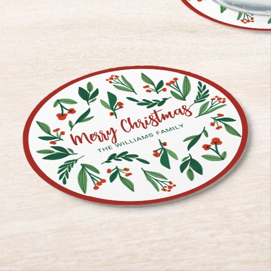 Mooie Red Green Holly Berry, aangepast kerstfeest Ronde Kartonnen Onderzetter (Gebogen)