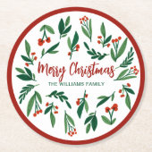 Mooie Red Green Holly Berry, aangepast kerstfeest Ronde Kartonnen Onderzetter (Voorkant)